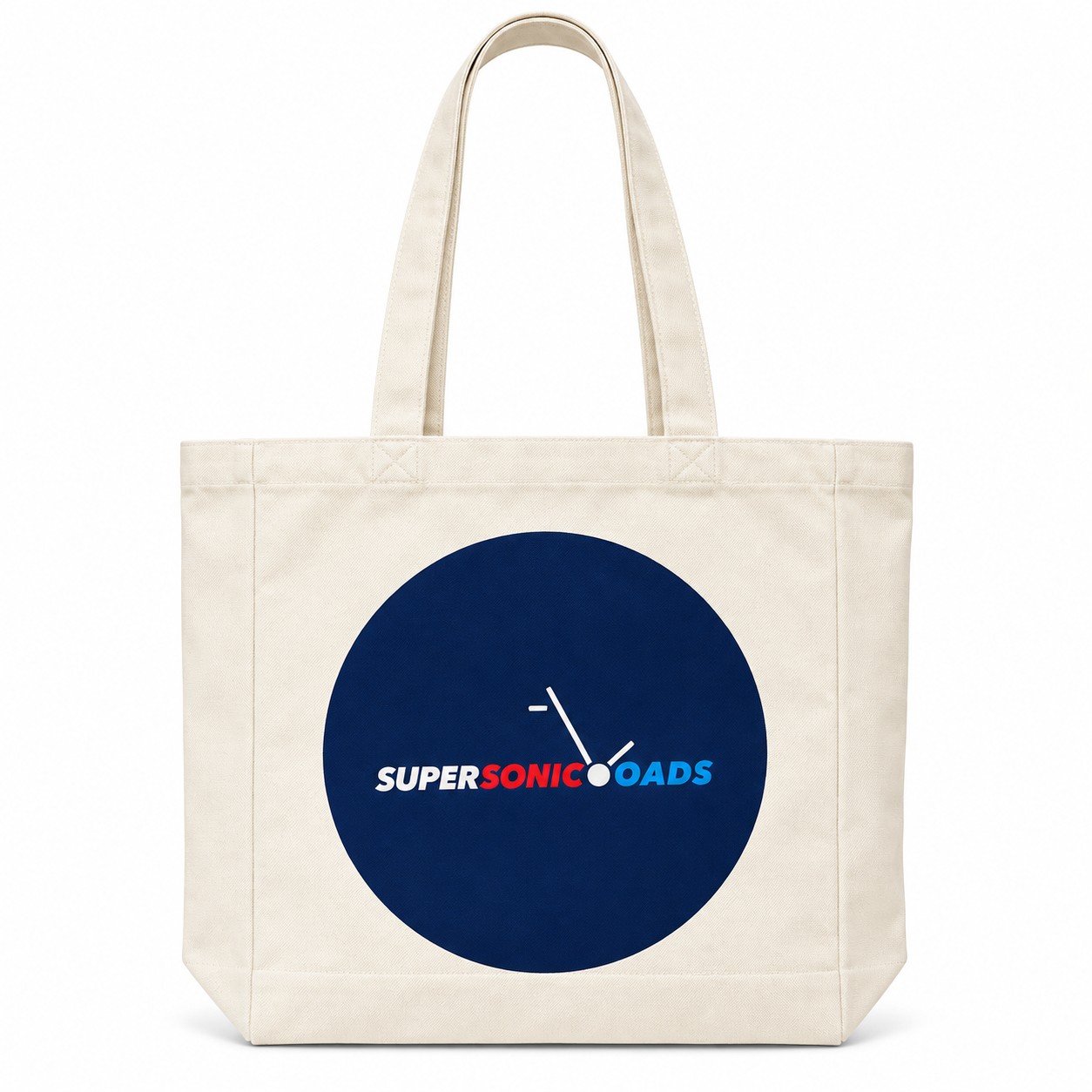 Natural canvas Super Sonic Loads tote bag with the navy Super Sonic Loads mark