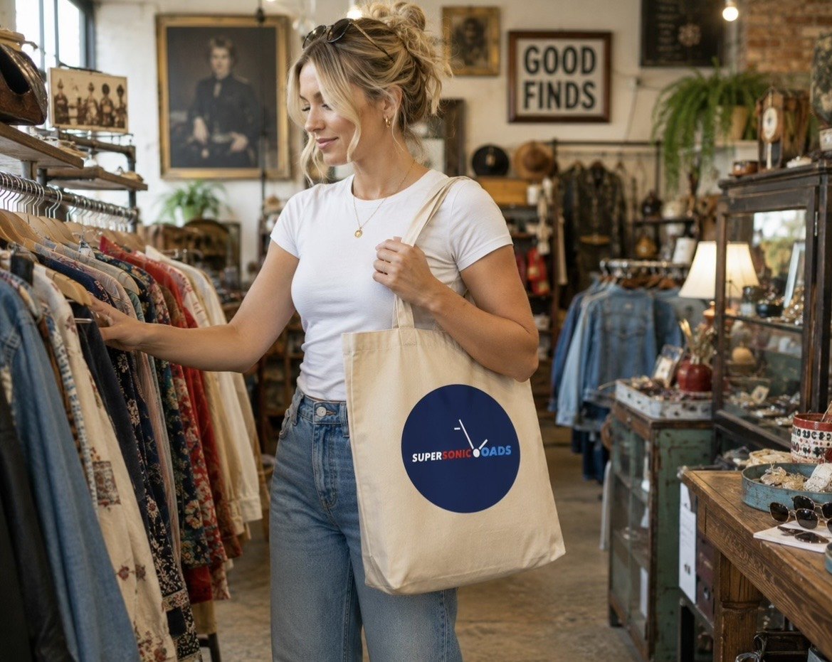 Woman carrying a natural canvas Super Sonic Loads tote while browsing clothing in a shop