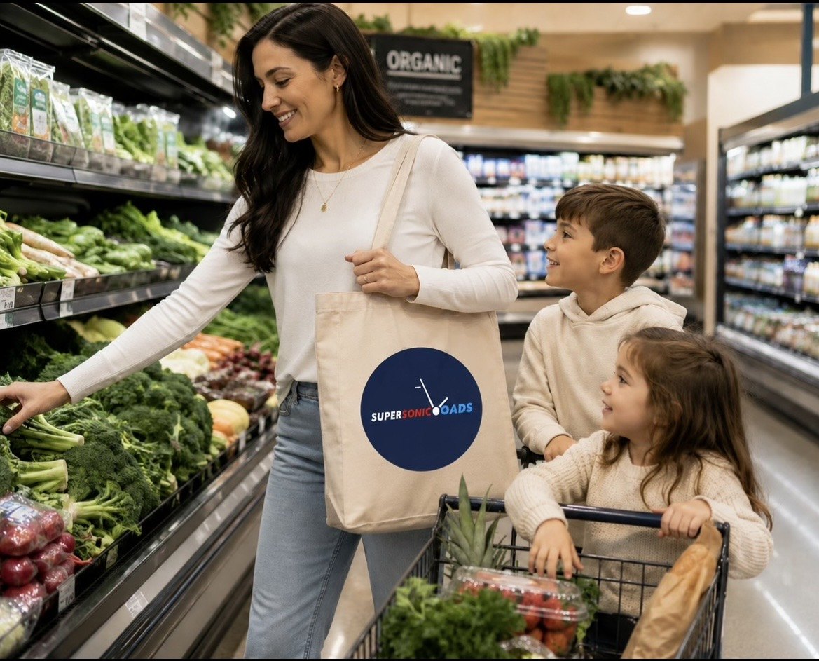 Woman carrying a natural canvas Super Sonic Loads tote while shopping for groceries with two children